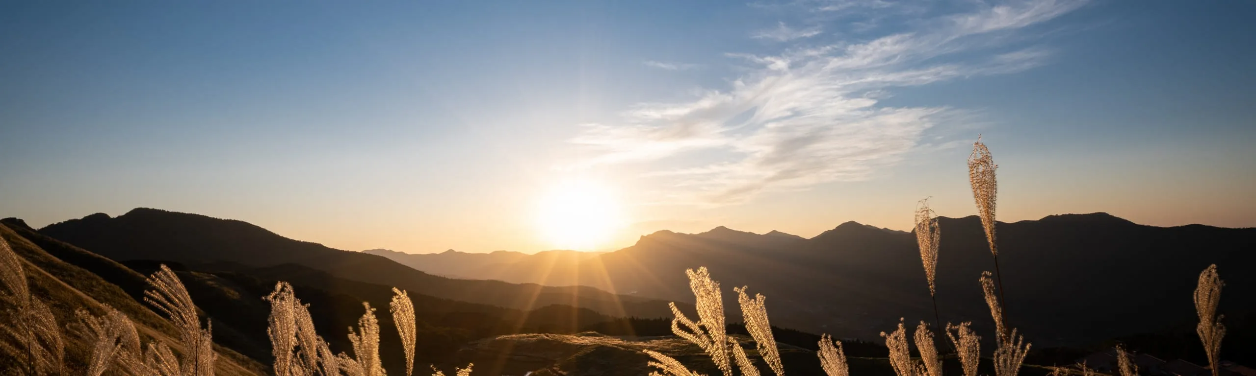 Sonnenaufgang über den Bergen mit Gras in der Vordergrund.